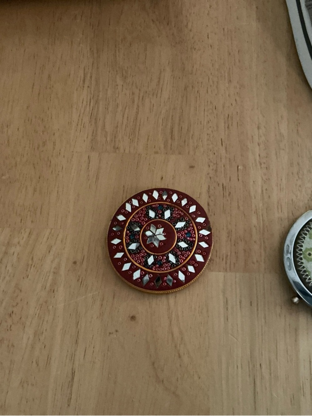 Decorative Red Round Compact Mirror with Gem Accents